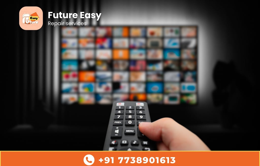 Hand holding a remote in front of a smart TV screen. Future Easy TV repair services.