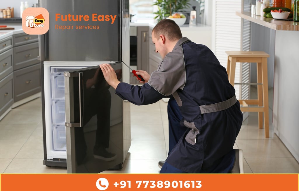 Future Easy technician repairing a refrigerator in a kitchen