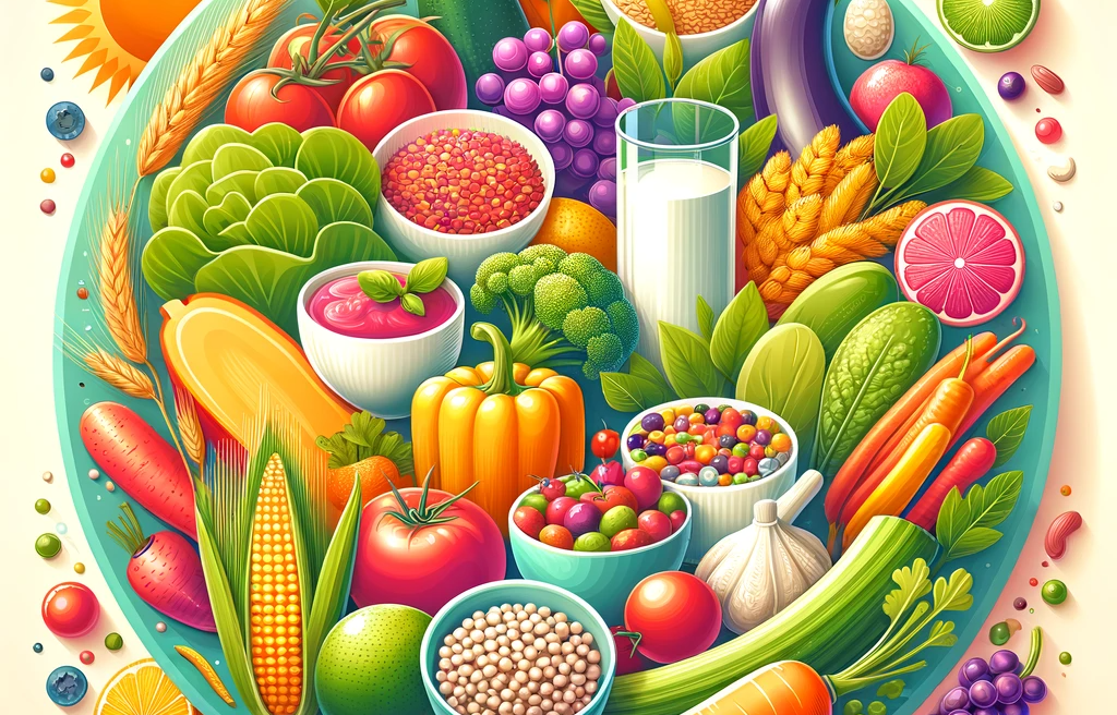 a plate with fruits and vegetables on it