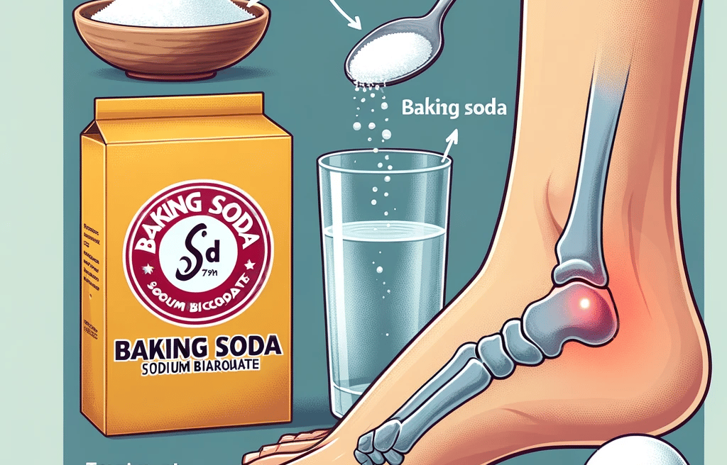 a person's foot with a bottle of baking soda