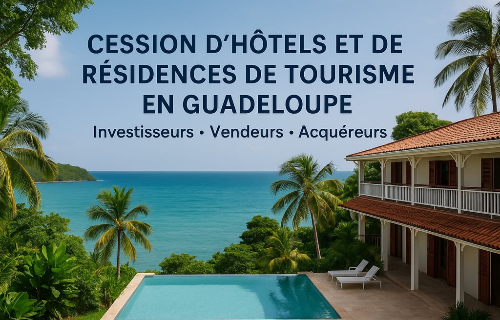Vue d’un hôtel en Guadeloupe avec piscine et mer des Caraïbes, illustrant la cession d’hôtels et de résidences de tourisme.