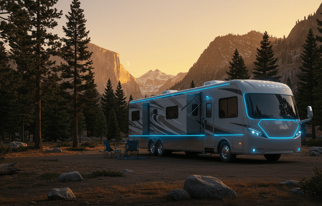 Futuristic RV with a scenic mountain background with tress