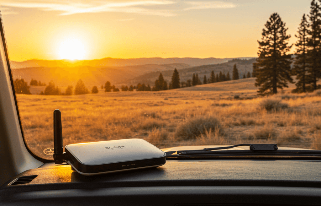 Connected while on the road at sunset at camping site
