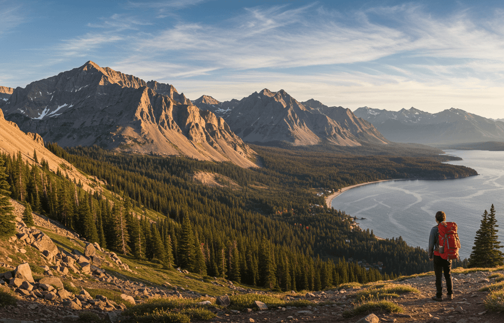 Traveler on a hike overlooking mountain ridge and lake with large backpack