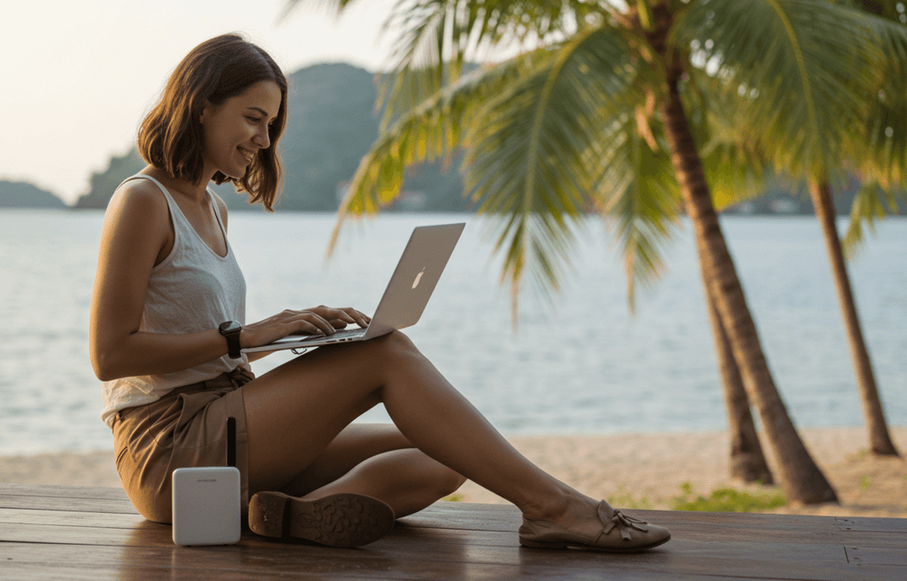 Women working while on vacation on a laptop and wireless router