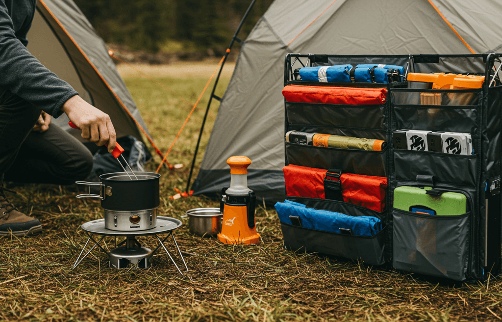 Camper using cookware and organizer, the benefit of using camping hacks for a stress-free trip