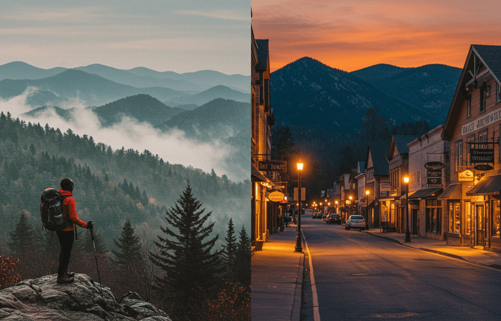 Great Smoky Mountains; charming town street at dusk. Best nature getaways USA 2025