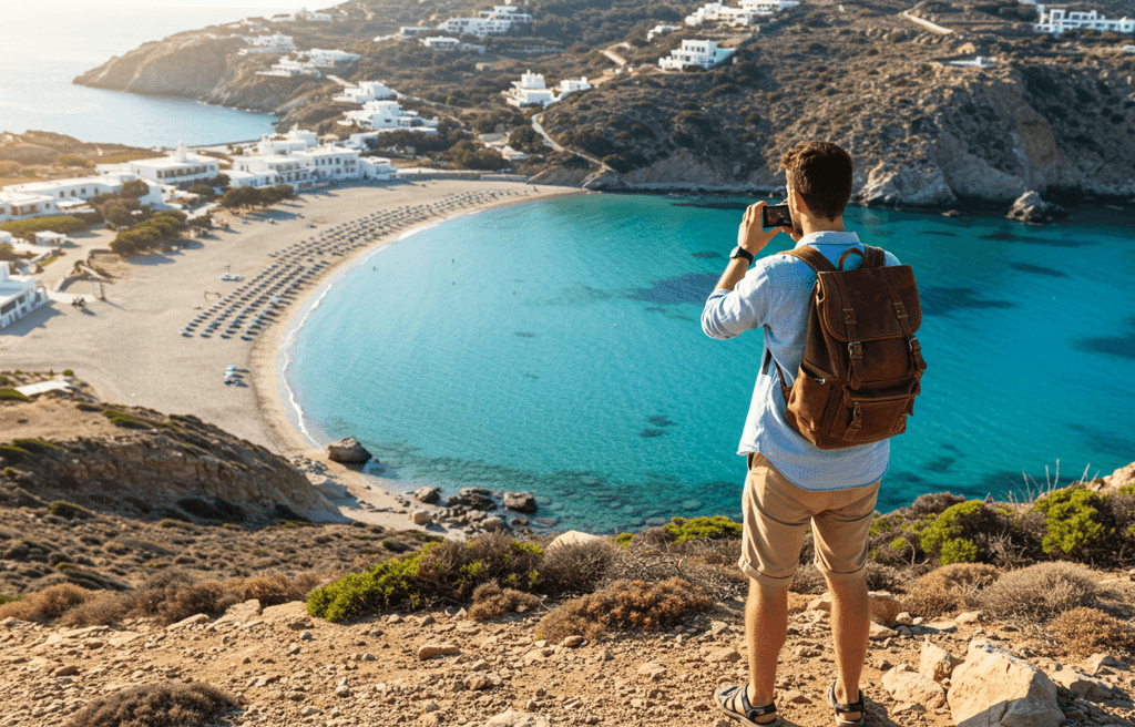 man wearing Travel Light Backpack while taking pictures of beach on top of a hill