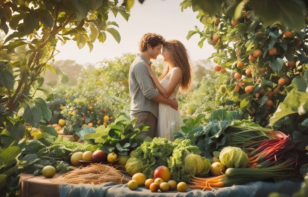 happy vegan couple in a beautiful garden