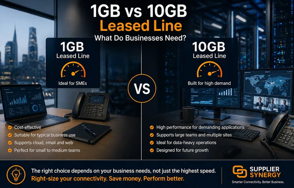 Comparison of 1GB vs 10GB leased line speeds showing business network performance and scalability differences