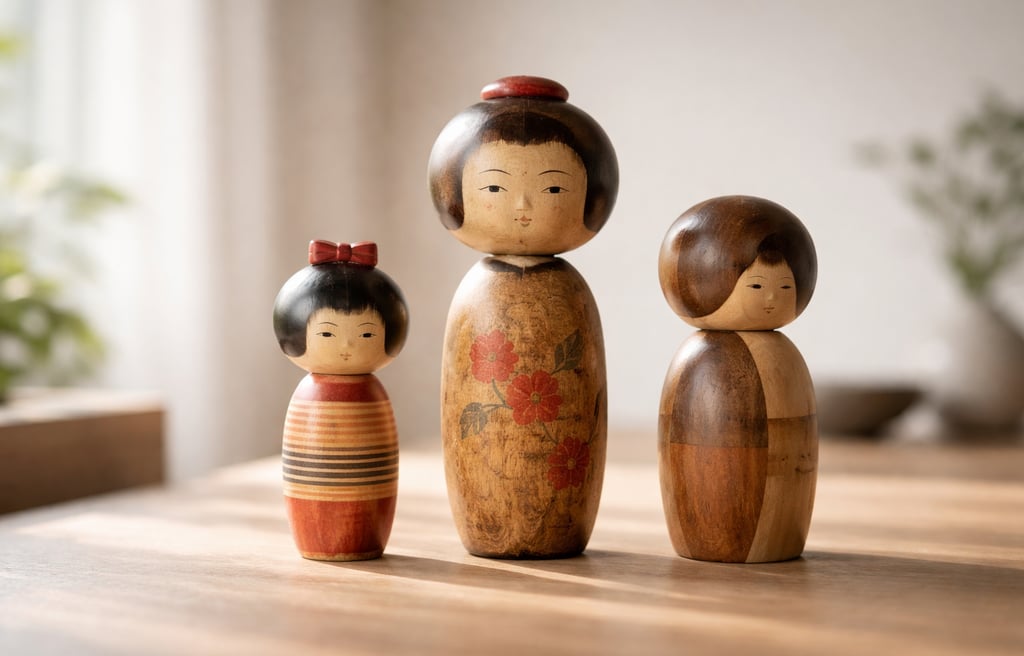 Three vintage Japanese kokeshi wooden dolls with hand-painted floral designs on a sunny table.