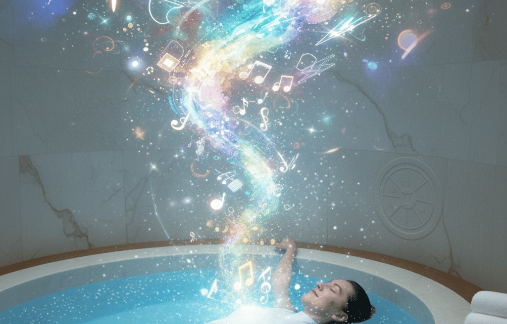 женщина лежит в воде флоатинг. Над ней поток света с музыкальными символами