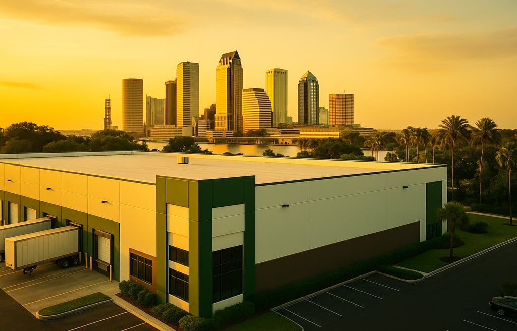 a large Tampa Bay building with a lot of buildings in the background