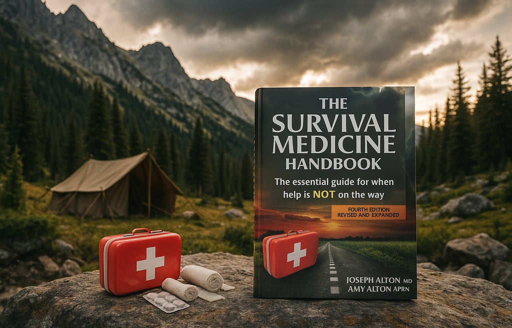 The Survival Medicine Handbook with med kits in a mountain campsite