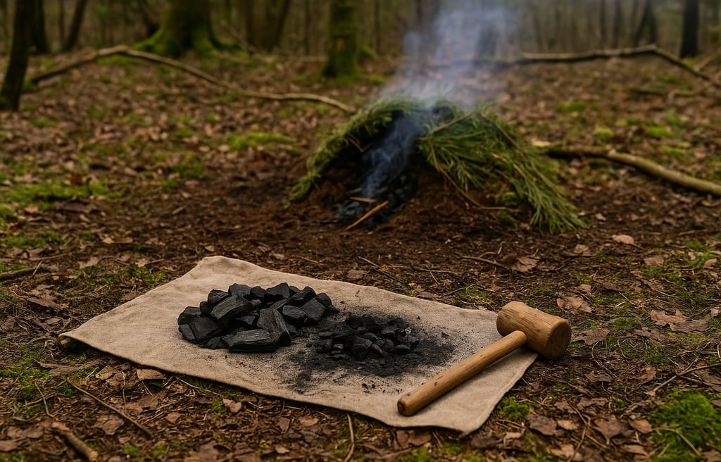 Charcoal pit smoldering with bushcraft mallet used to make survival charcoal and biochar for primitive fire and soil use