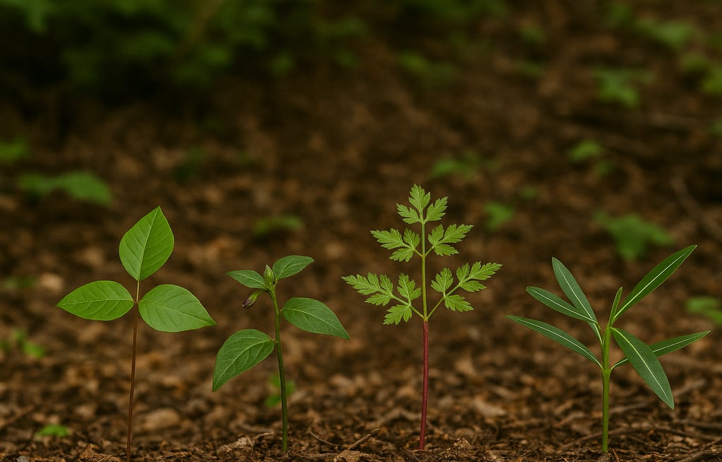 Young wild edible plants and sprouts growing in forest soil, foraging and plant identification in the wild