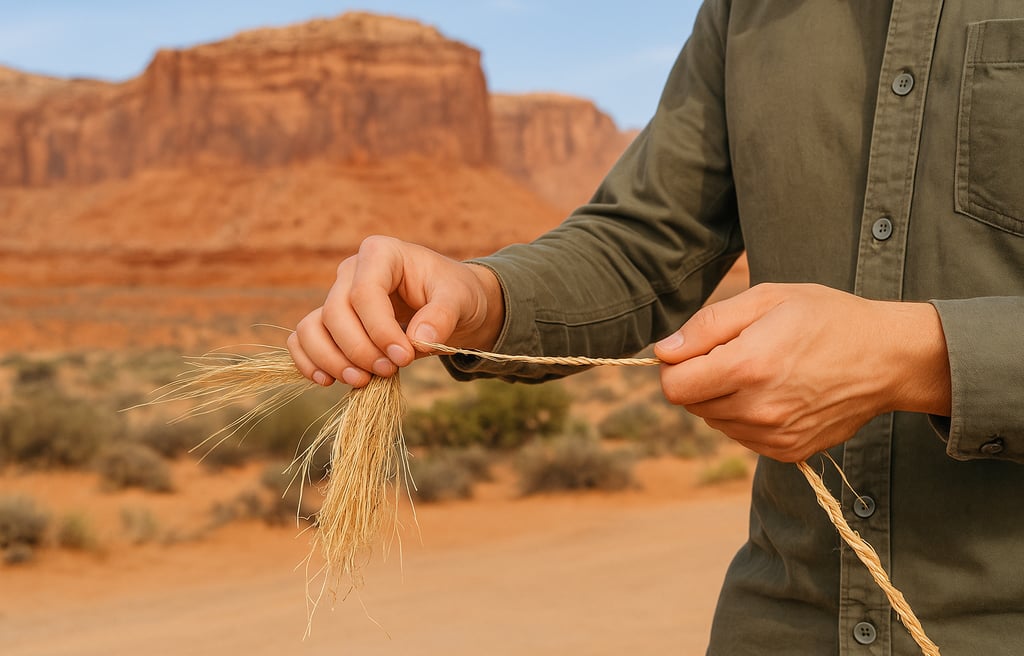 Survivalist twisting dry grass into rope in desert setting, primitive cordage crafting using natural materials