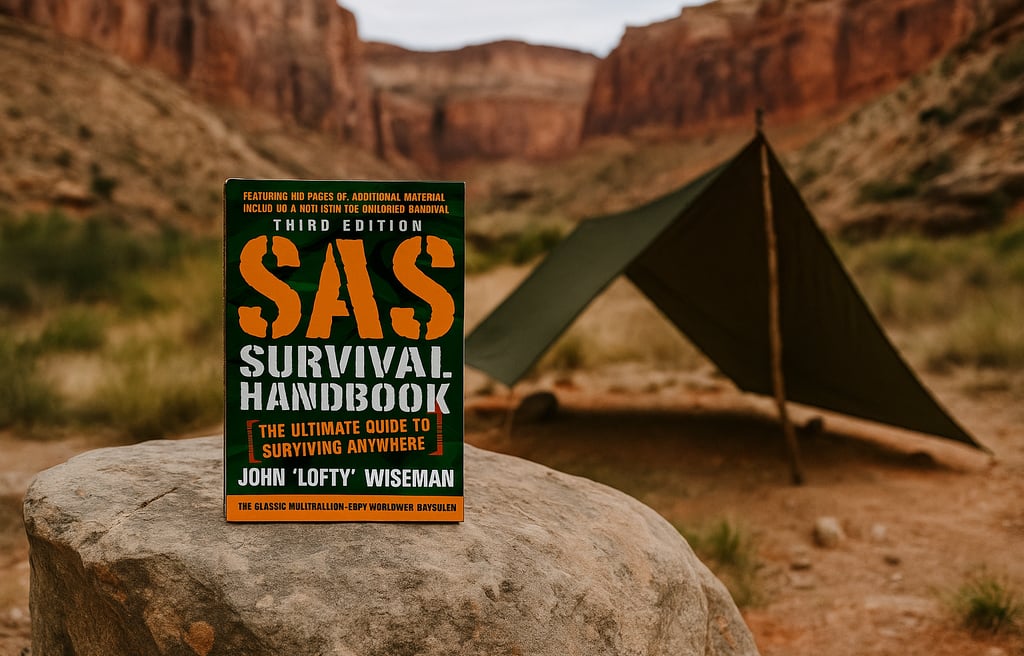 SAS Survival Handbook by John "Lofty" Wiseman with tarp shelter in desert canyon