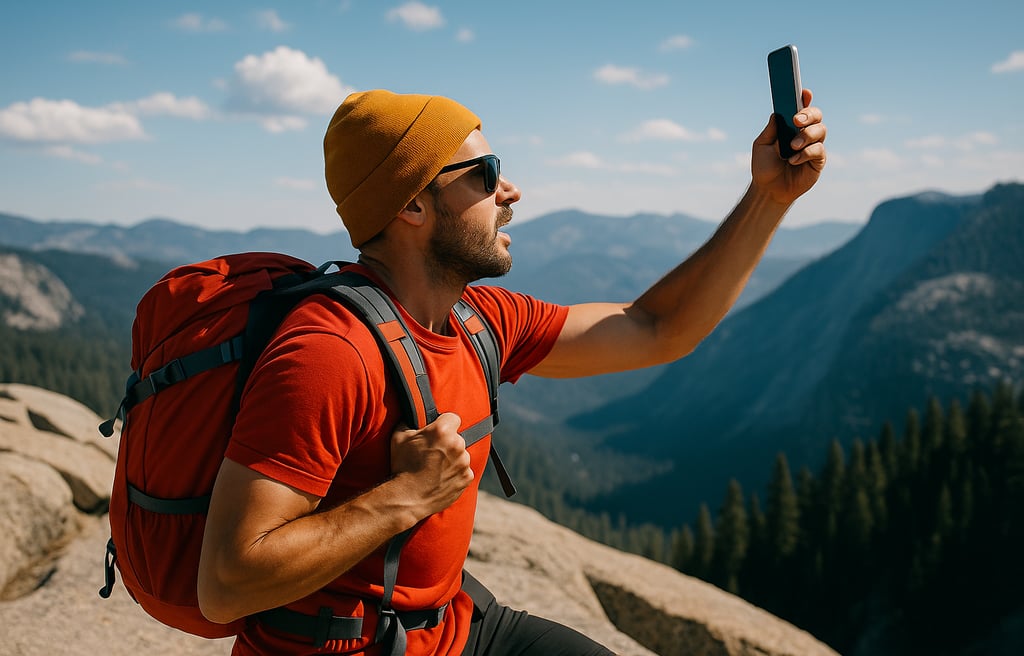 Lost hiker using smartphone for GPS in mountain wilderness, survival communication and location tracking outdoors