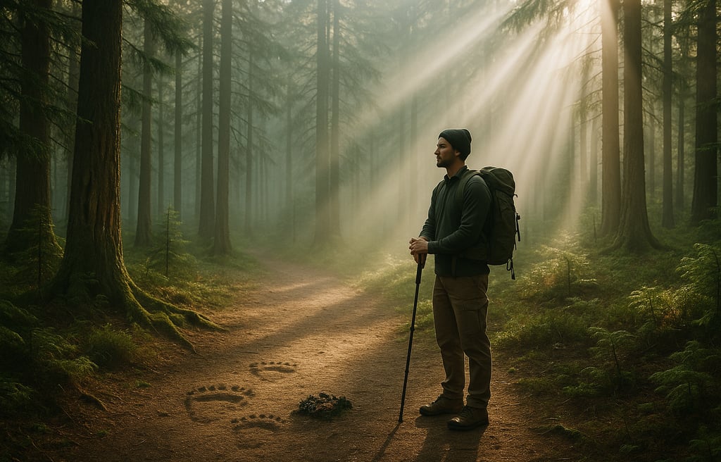 Hiker discovers fresh bear tracks and scat in forest trail during solo backpacking trip through the wilderness