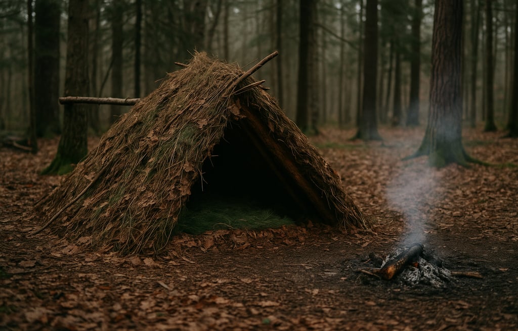 Primitive forest debris shelter with smoldering fire, designed for stealth survival and off-grid living