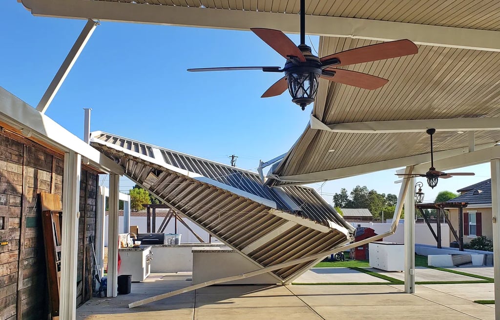 Large aluminum patio cover destroyed by wind!