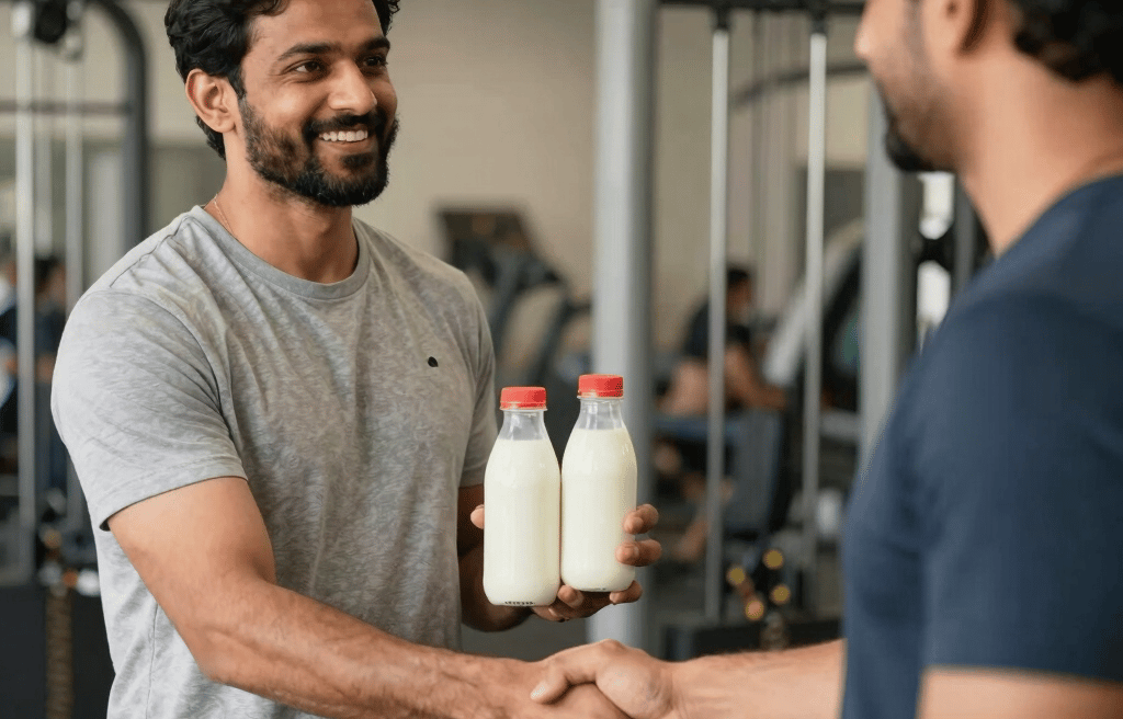 Smiling man in a gym shaking hands while holding two protein milk bottles for post-workout recovery.