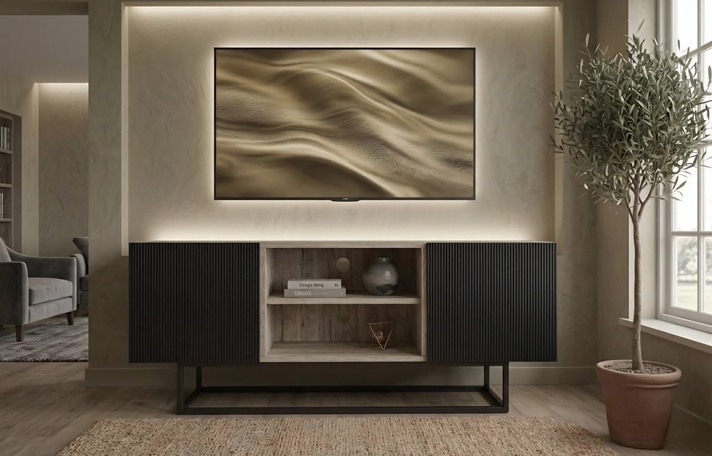 Modern living room featuring a wall-mounted TV over a black fluted sideboard and indoor olive tree.