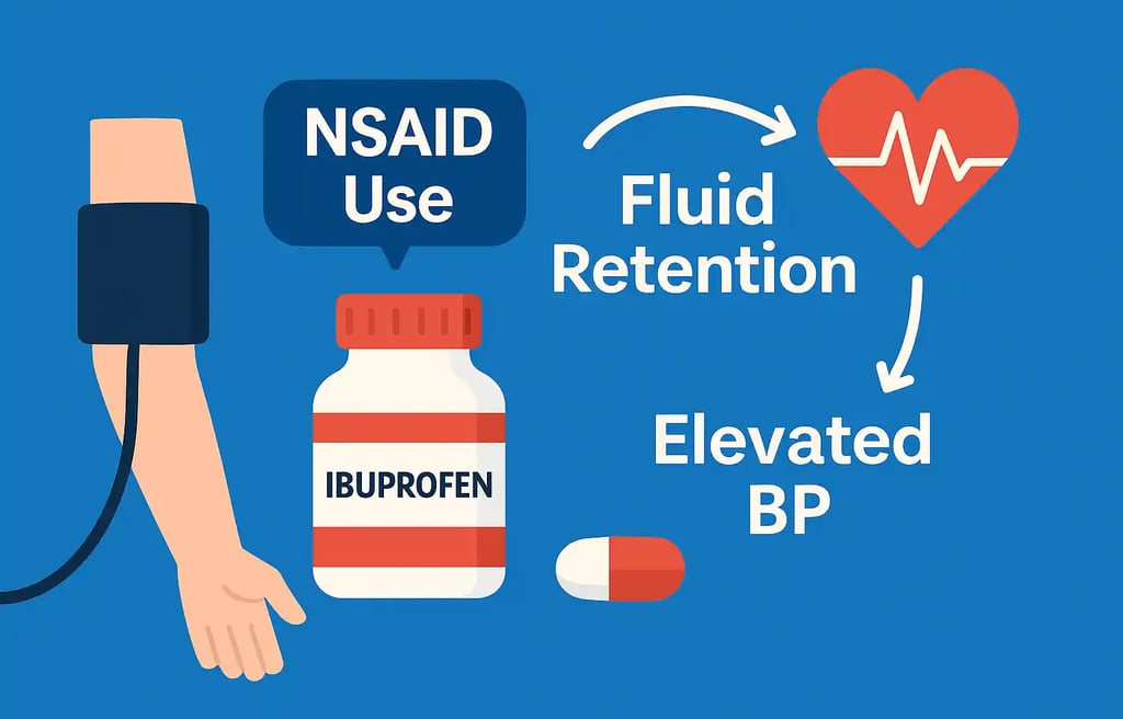 Flat-style illustration showing ibuprofen use leading to increased blood pressure, with visual heart and artery indicators.