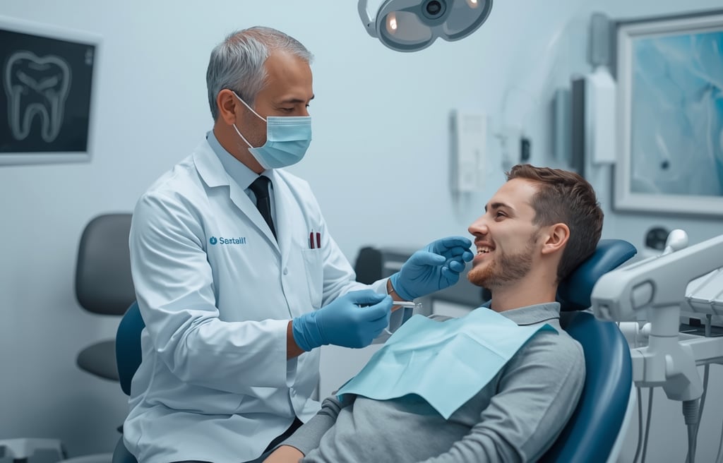 Dentista no Porto explicando implante dentário para paciente em consultório moderno