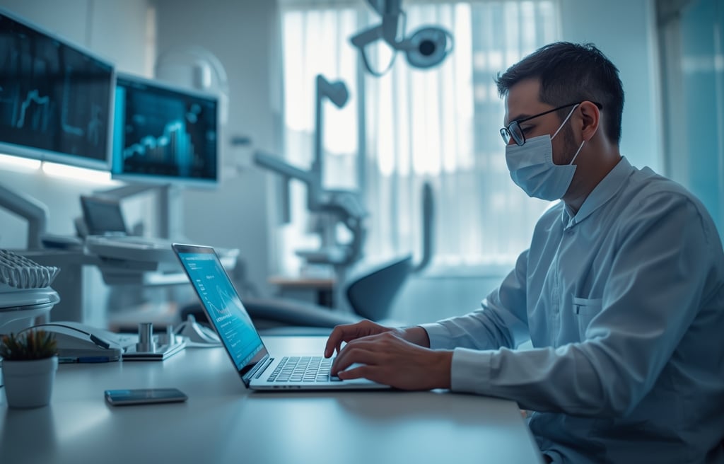 Dentista no Porto analisando crescimento digital da clínica no computador