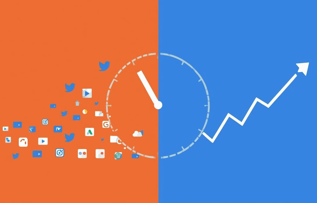 Uma imagem de um relógio sobre um fundo azul e laranja.