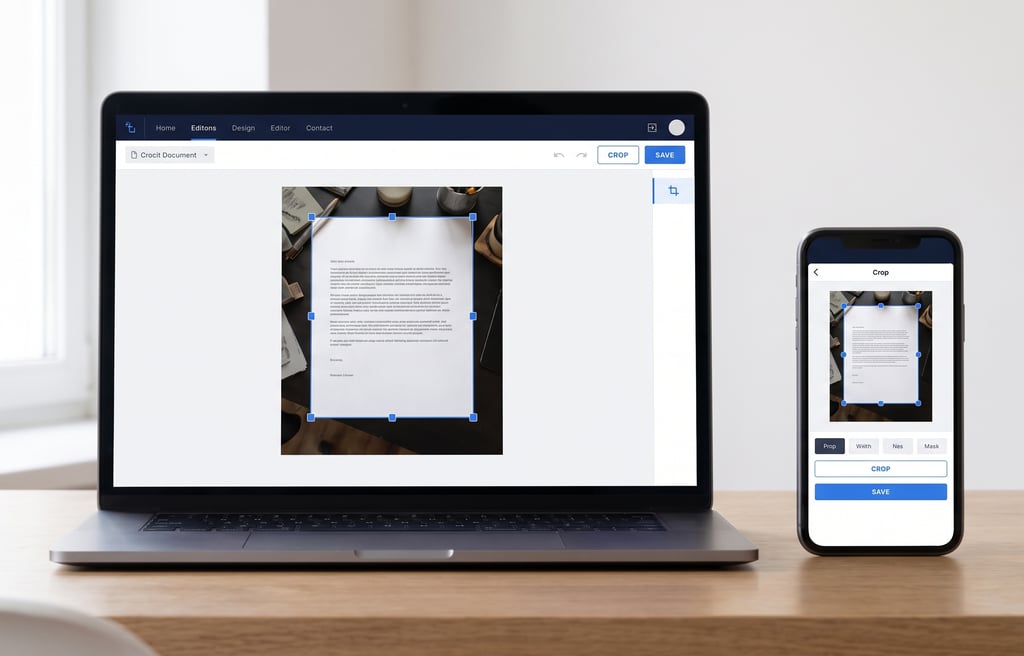 Laptop and smartphone displaying a document cropping software interface on a wooden desk.