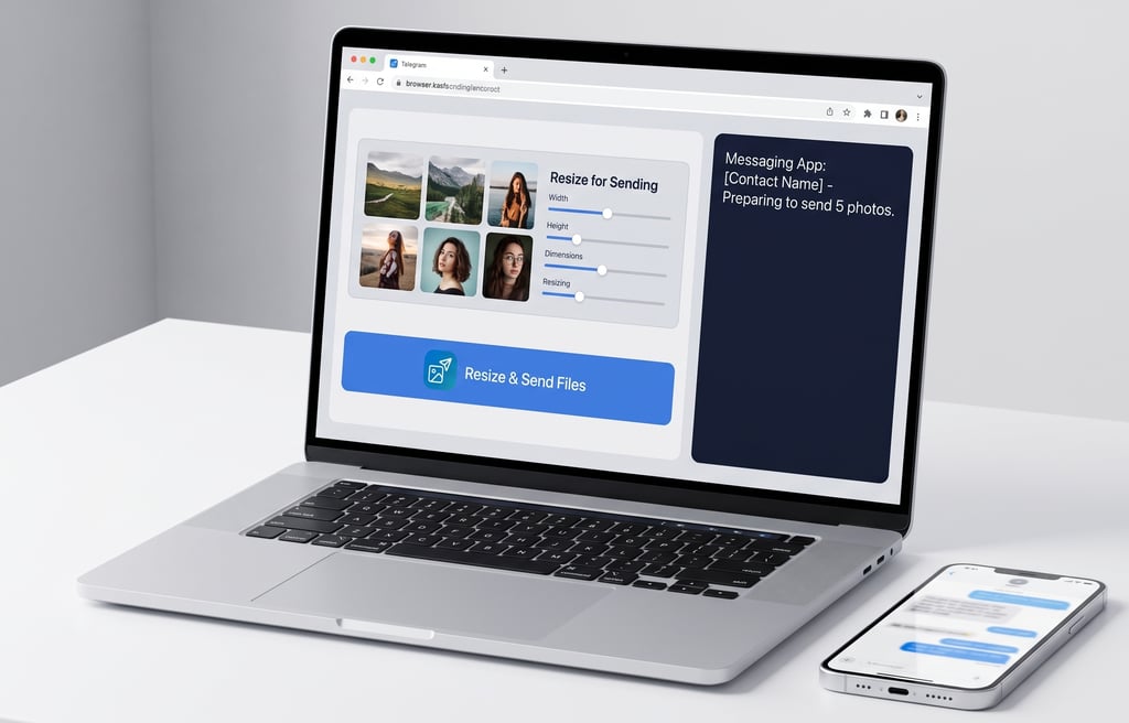 Person preparing photos for WhatsApp or Telegram on a clean laptop screen before sending.
