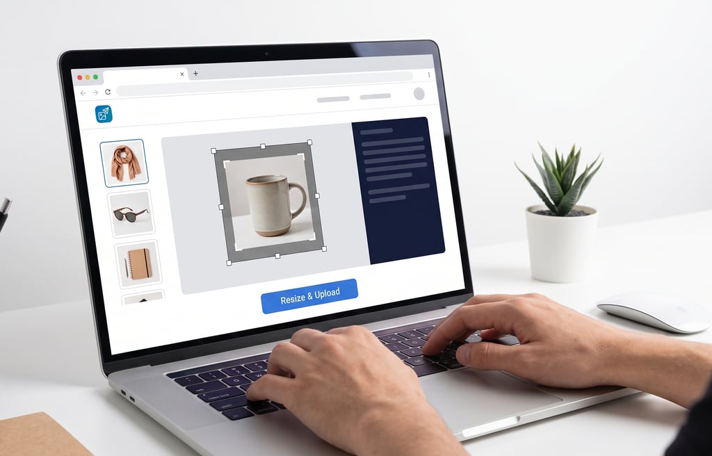 Seller resizing product photos for online marketplace uploads on a clean laptop screen.