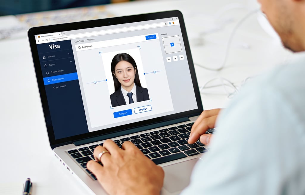 Person preparing a visa photo for online upload using a clean document editing screen.