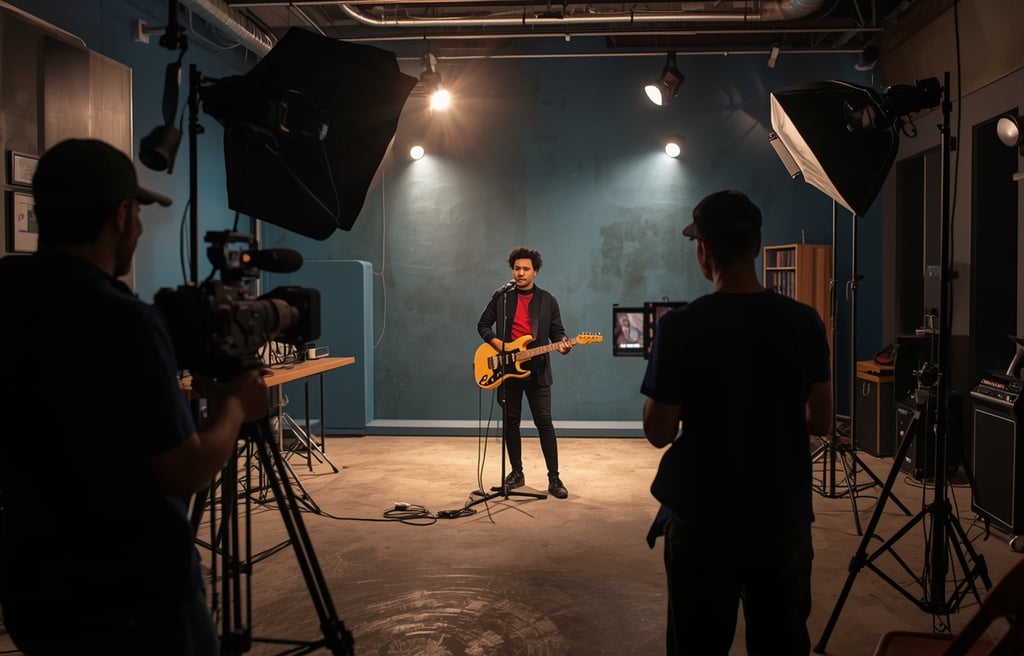 artista gravando videoclipe em estúdio com equipa de produção audiovisual profissional