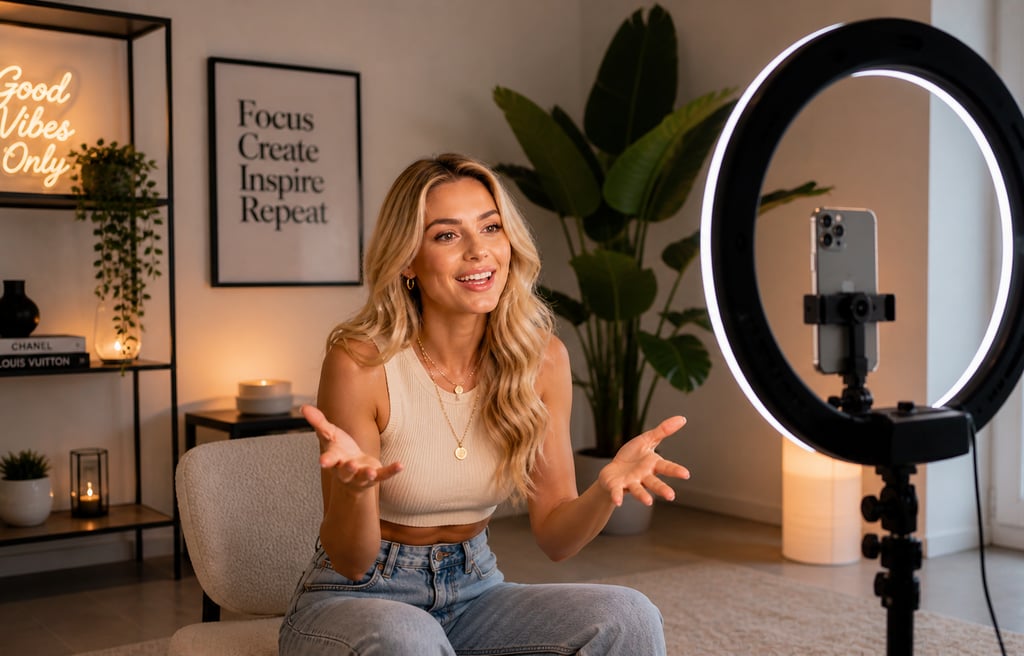 Criador gravando reels para Instagram com smartphone e iluminação em estúdio moderno