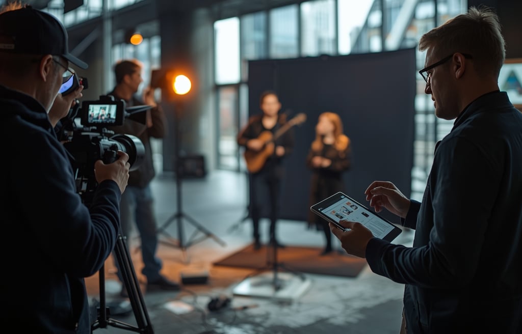 Planeamento de videoclipe profissional com equipa de produção e câmaras em set