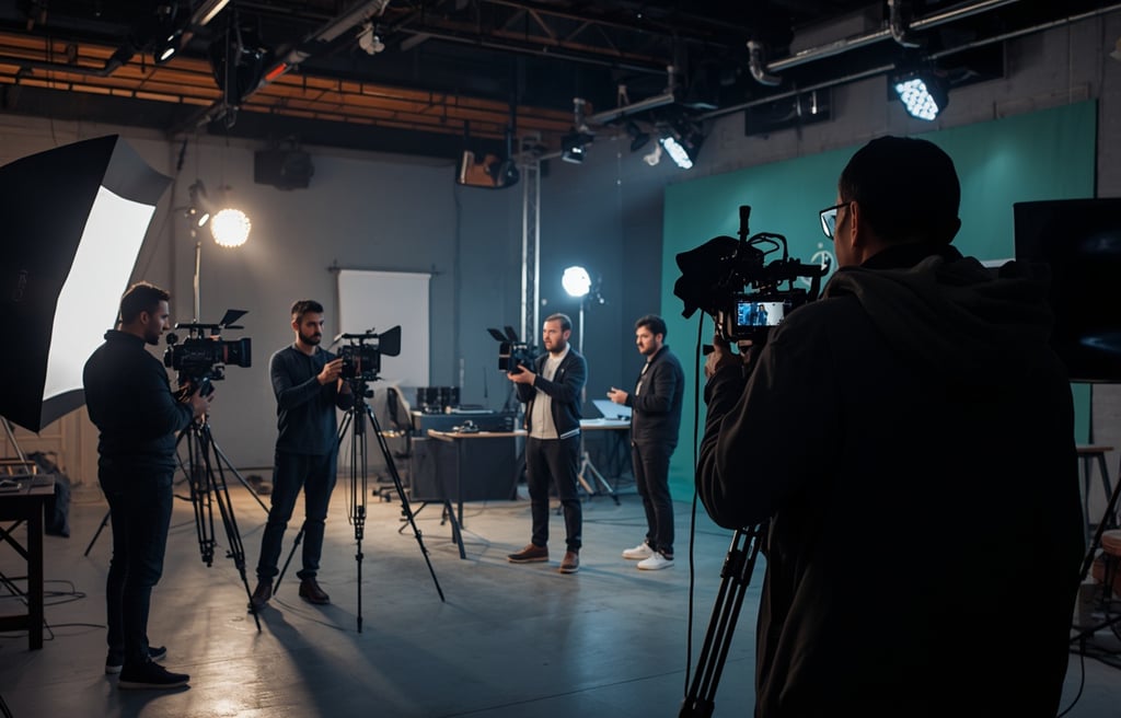 Equipa de produção audiovisual gravando vídeo profissional com câmaras e iluminação
