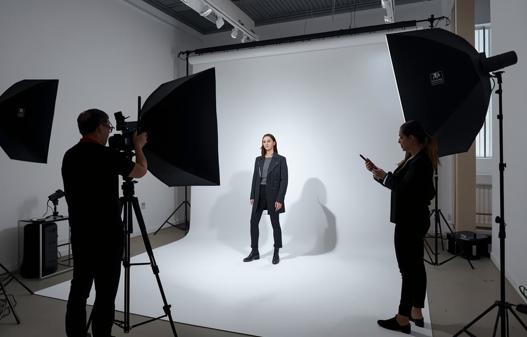 Ensaio fotográfico profissional em estúdio com fotógrafo e modelo durante sessão