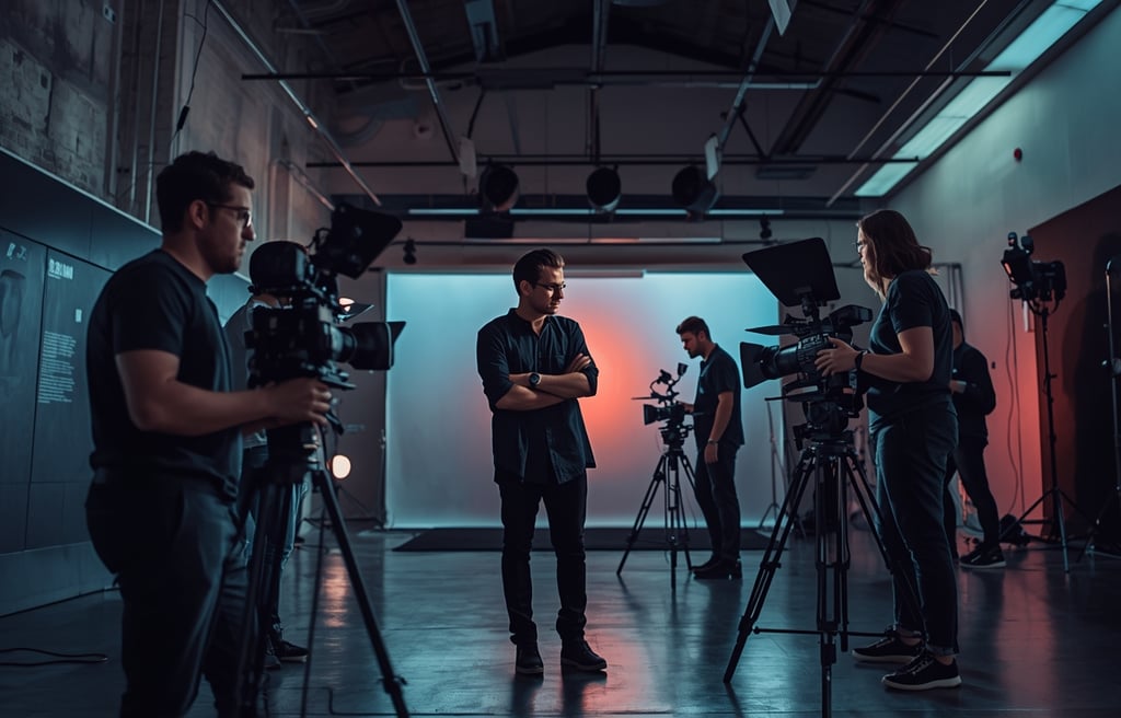 equipa de produção audiovisual preparando gravação com câmeras e iluminação profissional