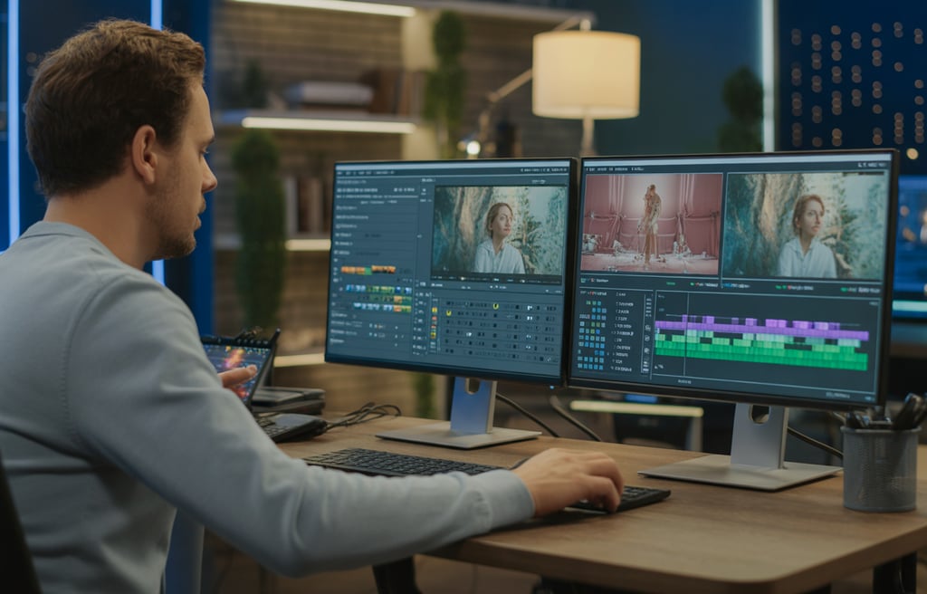 editor de vídeo trabalhando em software profissional com timeline aberta e monitores no estúdio