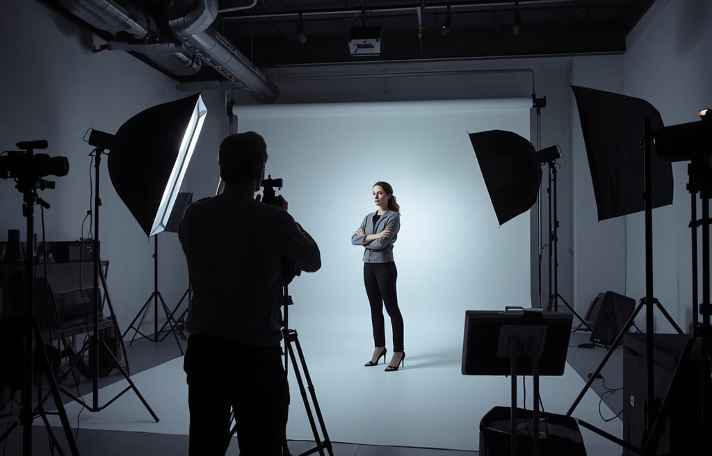 Sessão de ensaio fotográfico profissional em estúdio com iluminação cinematográfica