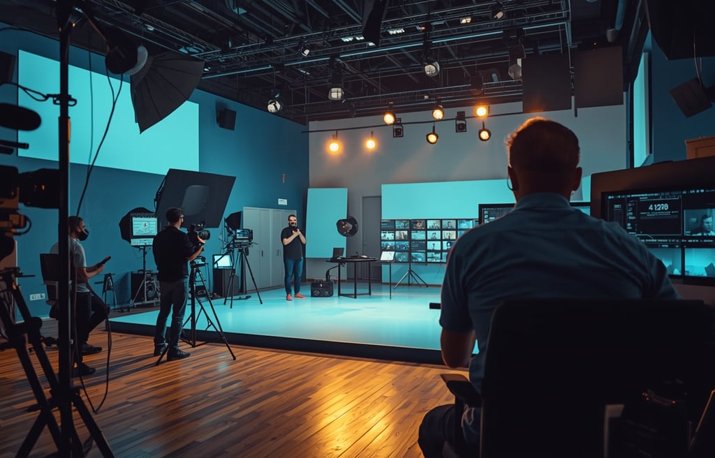 Estúdio audiovisual profissional com câmaras, iluminação e equipa em produção