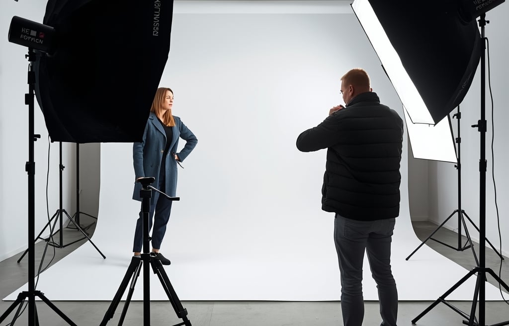 Estúdio fotográfico profissional moderno com iluminação e equipa em produção