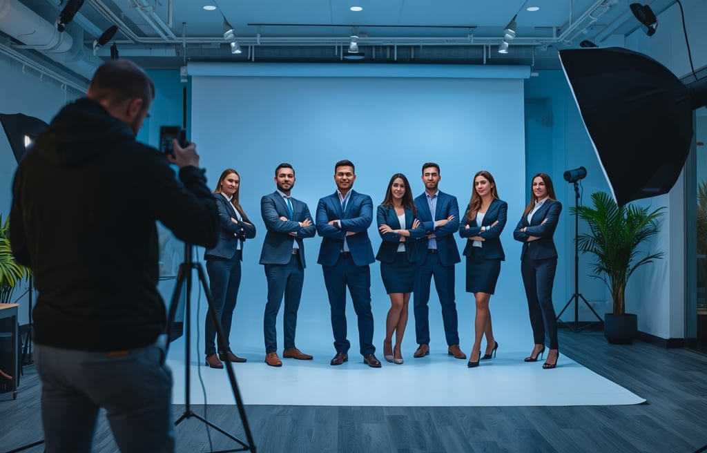 Sessão de fotografia corporativa com equipe empresarial em ambiente profissional