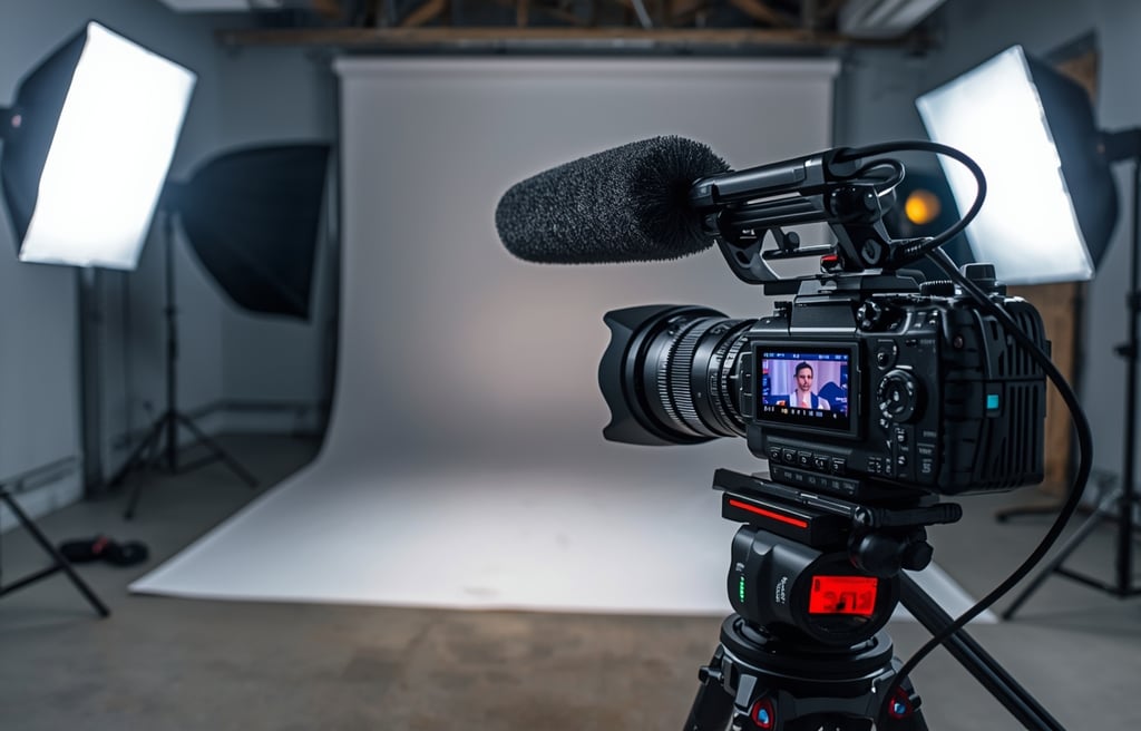 Equipamentos de produção de vídeo com iluminação, áudio e câmera em estúdio profissional