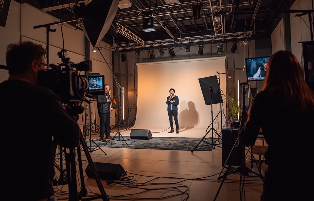 Produção audiovisual para lançamento musical com equipa de filmagem em set de videoclipe profissiona