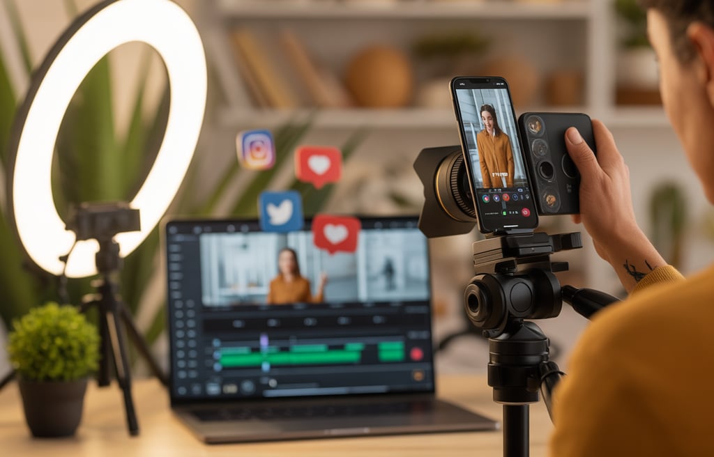 Produção de conteúdo audiovisual para redes sociais com criador gravando vídeos verticais